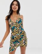 Asos Design Drape Front Cami Beach Dress In Tropical Animal Print-multi