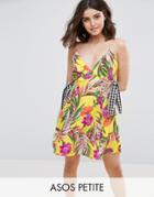 Asos Petite Cutout Sundress In Tropical Print With Gingham Contrast Ties - Multi