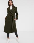 Asos Design Belted Coat With Topstitching Detail In Khaki-green