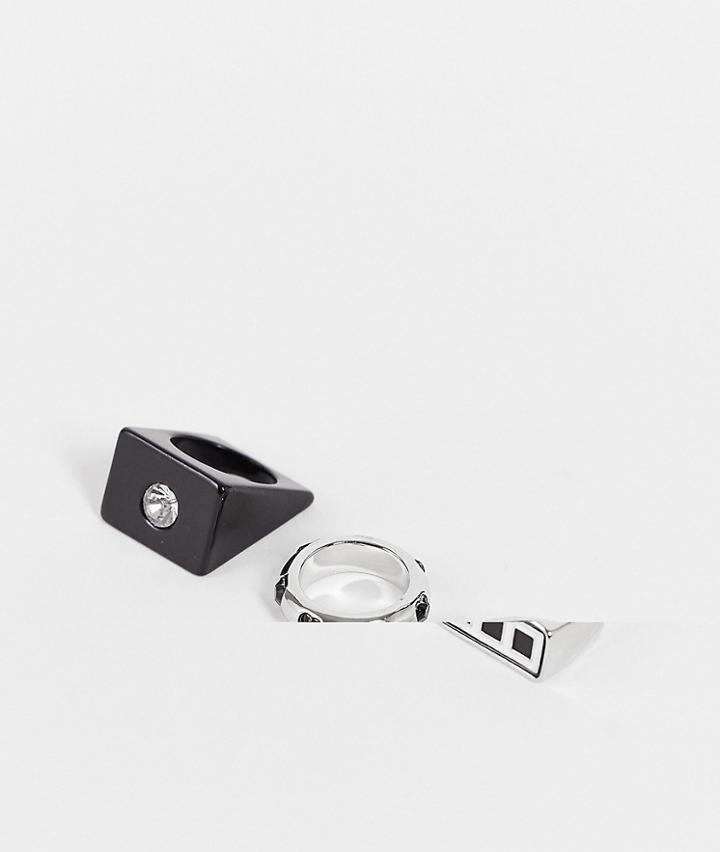Asos Design 3 Pack Mixed Plastic And Metal Ring Set In Black And Silver