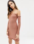 Asos Design Bardot Frill Ribbed Knit Mini Dress - Pink