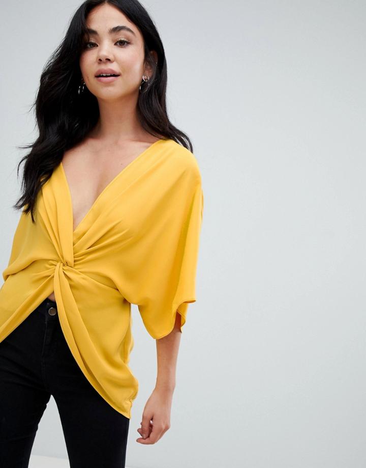 Asos Design Knot Front Top With Kimono Sleeve - Yellow