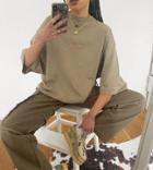 Collusion Embroidered Print Oversized T-shirt In Pale Khaki-green