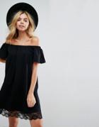 Asos Off Shoulder Mini Dress With Lace Hem - Black