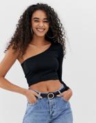 Asos Design One Shoulder Long Sleeve Crop Top In Black - Black