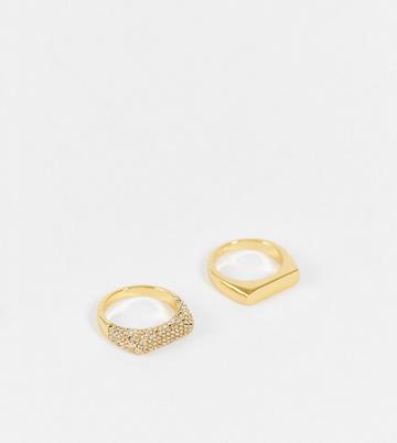 Asos Design Curve 14k Gold Plated Pack Of 2 Rings In Smooth And Crystal Bar Designs