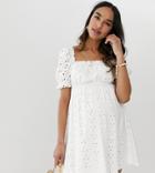 Asos Design Maternity Prairie Broderie Mini Dress-white
