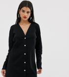 Asos Design Tall Long Sleeve Popper Front Shift Dress - Black