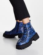 Asos Design Anaconda Chunky Loafer Boots In Blue Snake-blues