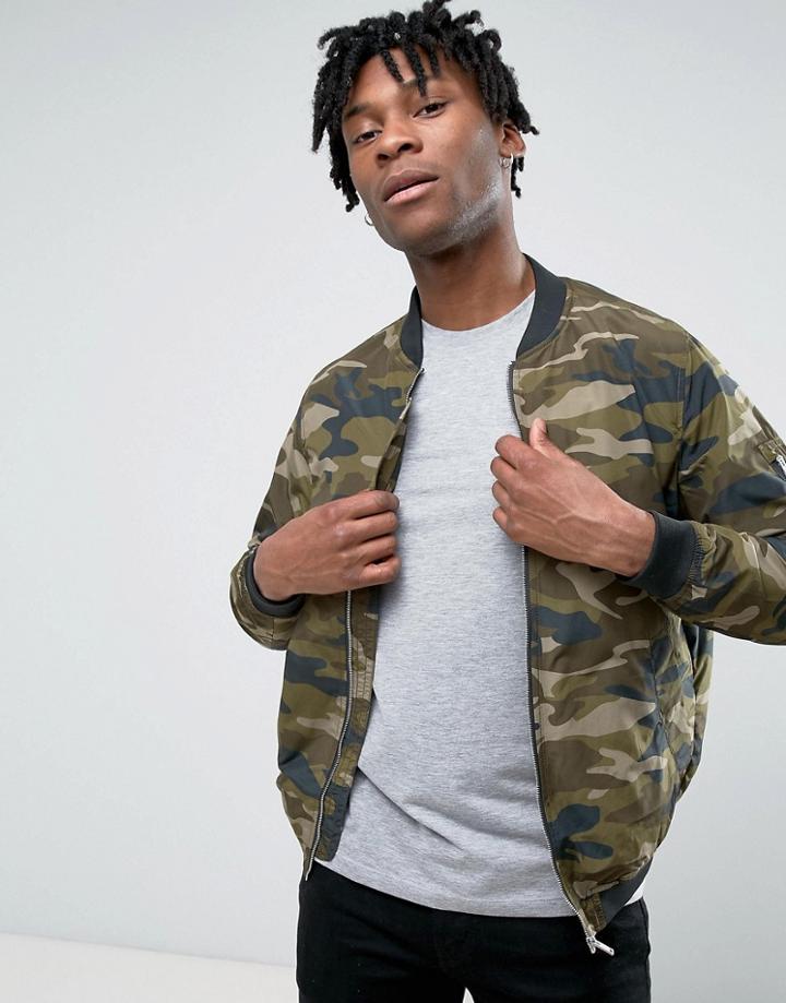 Pull & Bear Bomber Jacket In Camouflage Print - Green