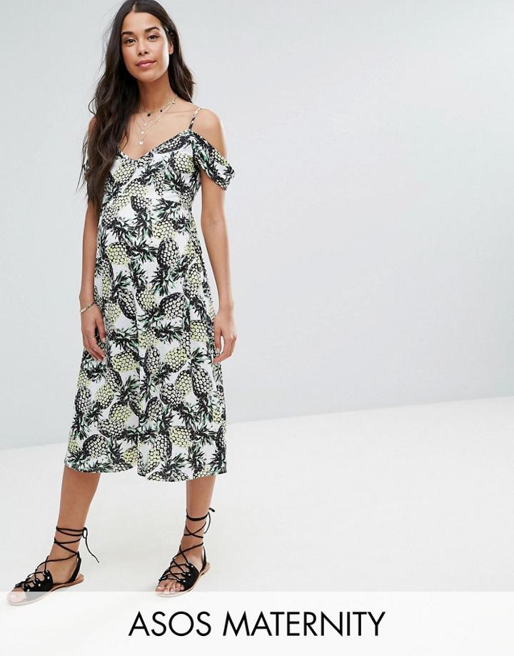 Asos Maternity Cold Shoulder Midi Skater Sundress In Pineapple Print - Multi