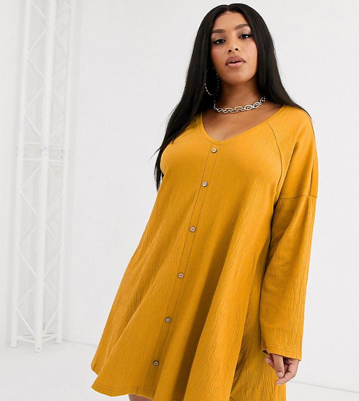 Asos Design Curve Mini Button Through Swing Dress In Texture-yellow
