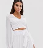 Tfnc Knot Front Long Sleeve Wrap Two-piece Crop Top In White - White