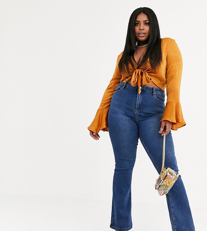 Asos Design Curve Sculpt Me Full Length Flare Jeans In Mid Vintage Blue Wash
