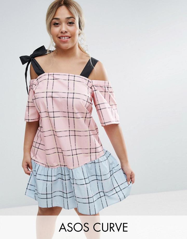 Asos Curve Check Mix And Match Cold Shoulder Cotton Dress - Multi
