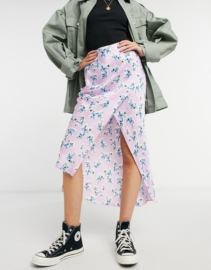 River Island Floral Bias Satin Midi Skirt In Mint-green