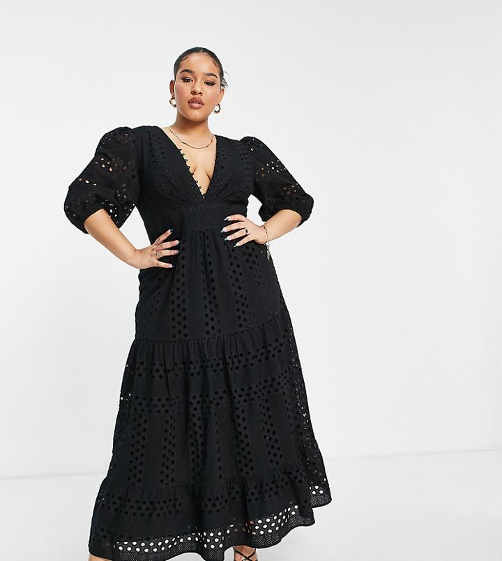 Asos Design Curve Premium Plunge Broderie Tiered Midi Dress With Button Neck In Black
