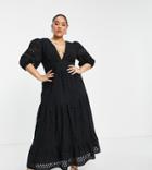 Asos Design Curve Premium Plunge Broderie Tiered Midi Dress With Button Neck In Black