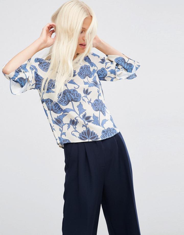 Asos Ruffle Sleeve Tee In Blue Floral - Multi