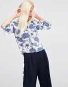 Asos Ruffle Sleeve Tee In Blue Floral - Multi