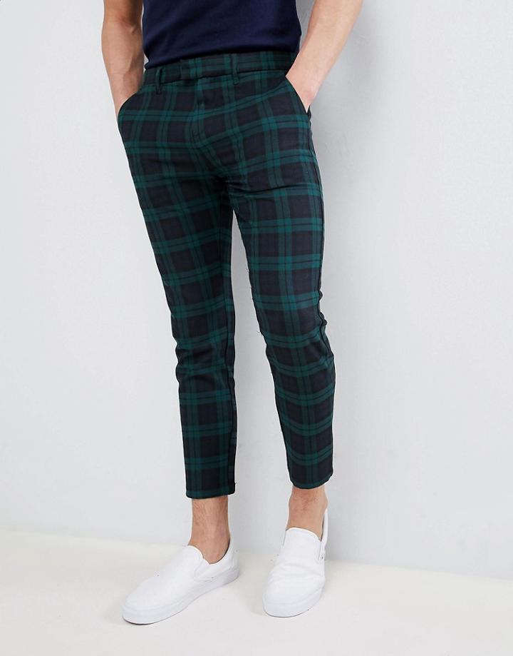 Pull & Bear Tailored Pants In Green Check - Navy