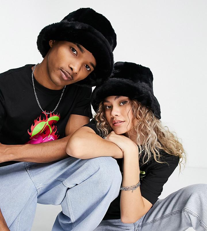 Collusion Unisex Fluffy Bucket Hat In Black