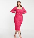 Asos Design Curve Mesh Ruched Midi Dress With Puff Sleeve In Pink