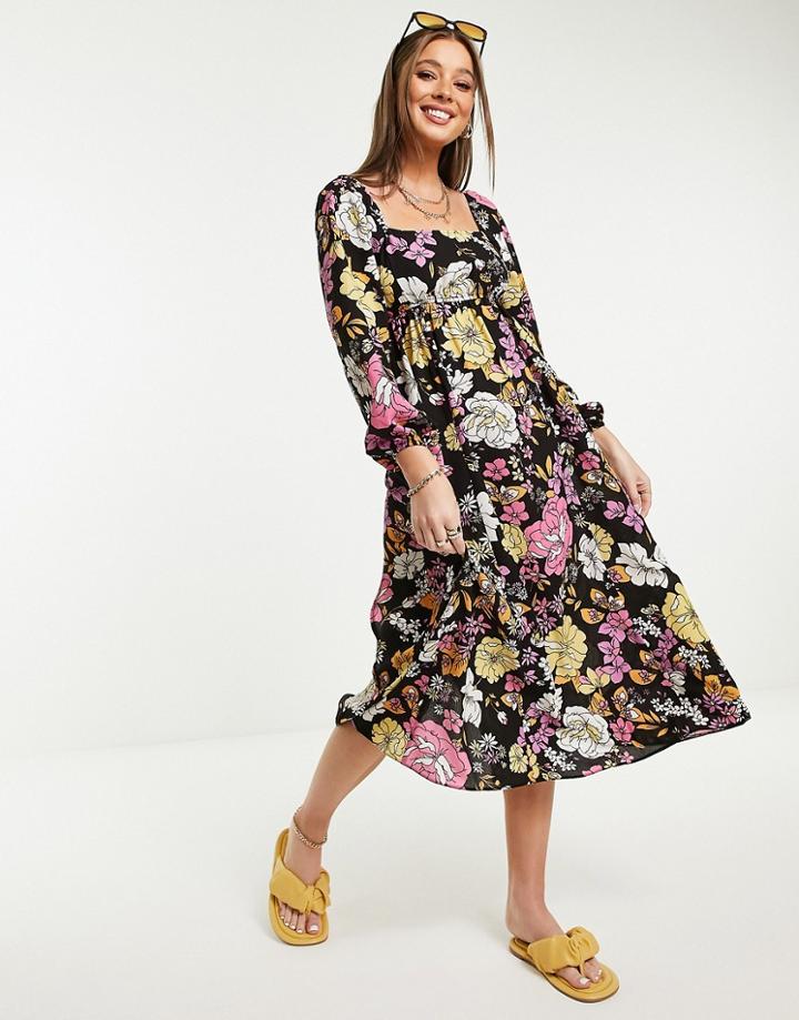 Miss Selfridge Large 70's Bloom Midi Dress With Button Front In Multi