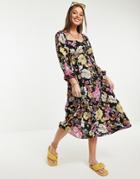 Miss Selfridge Large 70's Bloom Midi Dress With Button Front In Multi