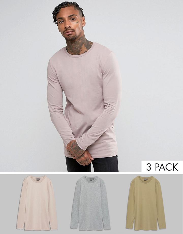 Asos 3 Pack Muscle Longline Long Sleeve T-shirt Save - Multi
