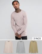 Asos 3 Pack Muscle Longline Long Sleeve T-shirt Save - Multi