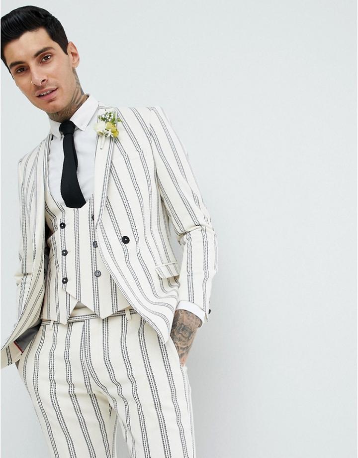 Twisted Tailor Wedding Super Skinny Suit Jacket In Cream Stripe Linen - Cream