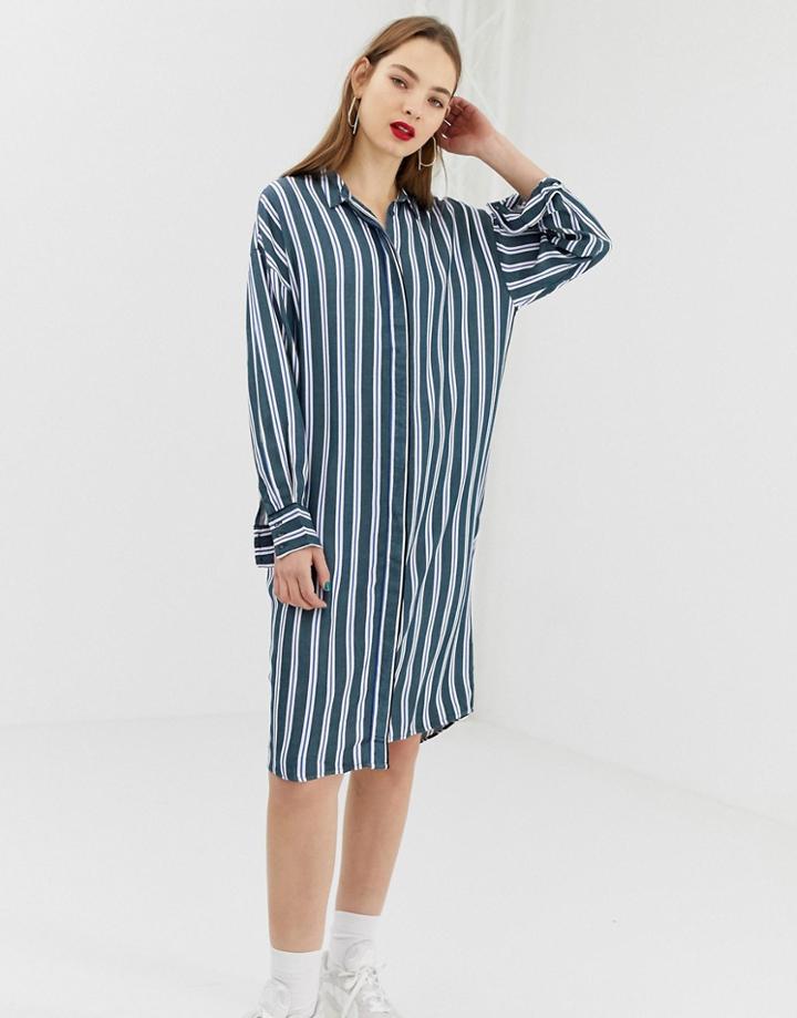 Moss Copenhagen Oversized Shirt Dress In Tonal Stripe - Blue