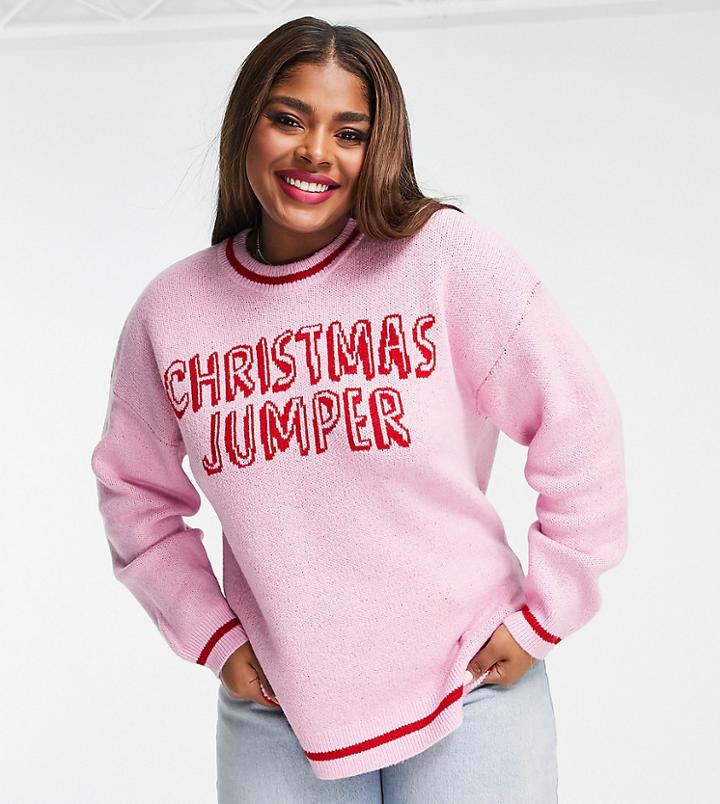 Asos Design Curve 'christmas Jumper' Slogan Sweater In Pink