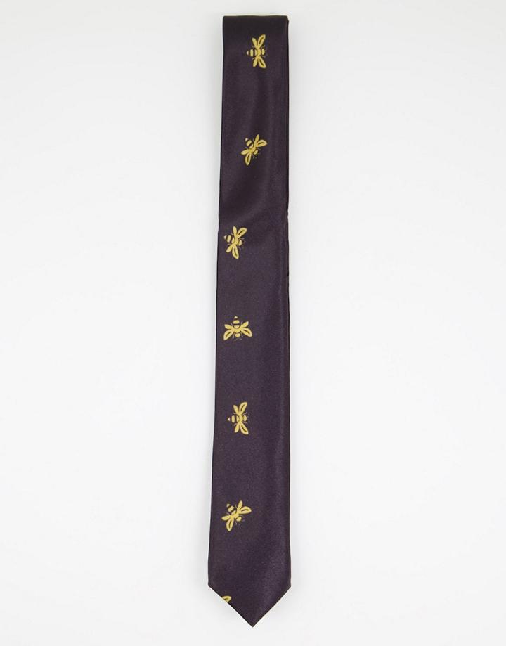 Bolongaro Trevor Skinny Tie In Embroidered Bee Print-black