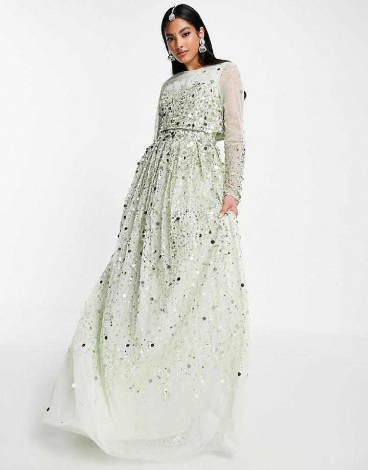 Asos Design Maxi Anarkali Dress In Scatter Sequin In Soft Green