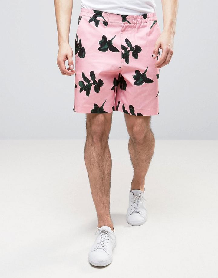 Asos Slim Tailored Floral Short With Elasticated Waist In Pink - Pink