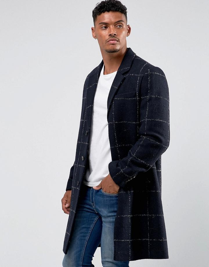 Asos Checked Wool Mix Overcoat In Navy - Navy