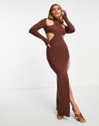 Ego X Jess Hunt Ribbed Cut Out Maxi Dress In Chocolate-brown