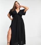 Asos Design Curve Recycled Flutter Sleeve Maxi Beach Dress In Black