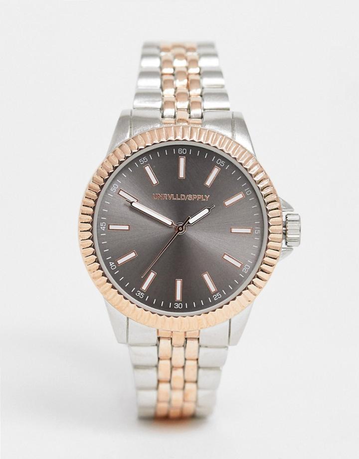 Asos Design Bracelet Watch With Rose Gold Detail In Silver Tone