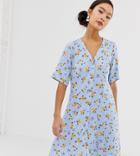 Monki Prairie Flower Print Mini V-neck Dress In Light Blue - Blue
