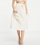 Asos Design Petite Midi Skirt With Drawstring Waist In Natural Crinkle In Stone-blue