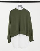 Noisy May Sweater With Shirt Trim In Khaki-green