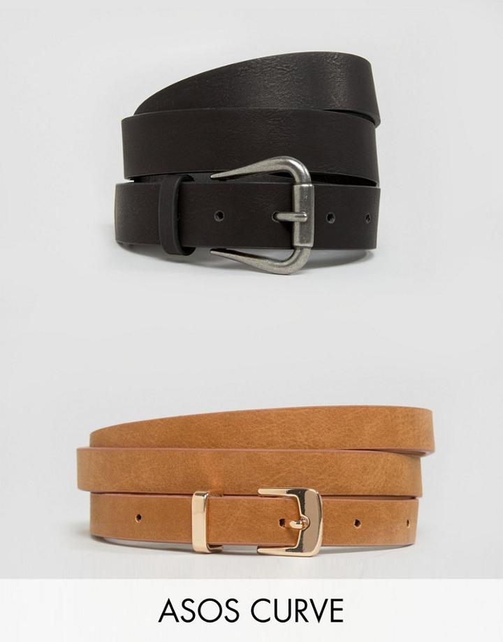 Asos Curve 2 Pack Jeans Belt And Skinny Belt Pack Water Based Pu - Multi