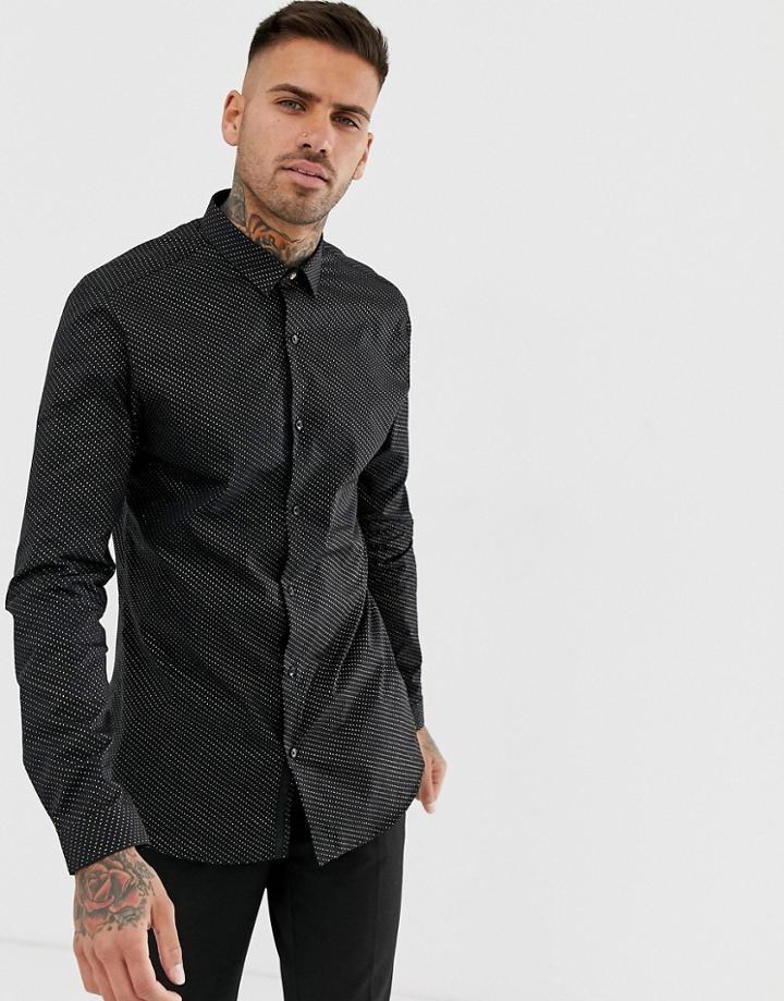 River Island Slim Fit Shirt With Glitter Spot In Black