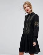 Y.a.s Smock Dress With Gold Lace - Black