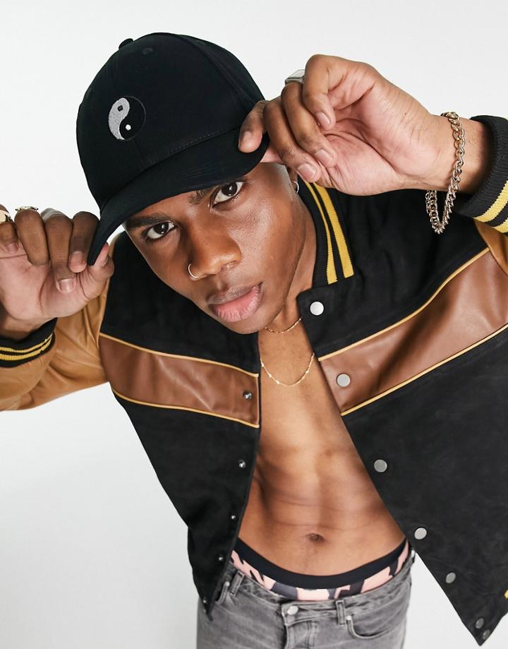 Asos Design Cap In Black With Yin Yang Embroidery