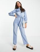 Lost Ink Ruffle Detail Denim Jumpsuit In Acid Blue