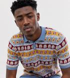 Asos Design Tall Knitted Polo With Floral Design-blue